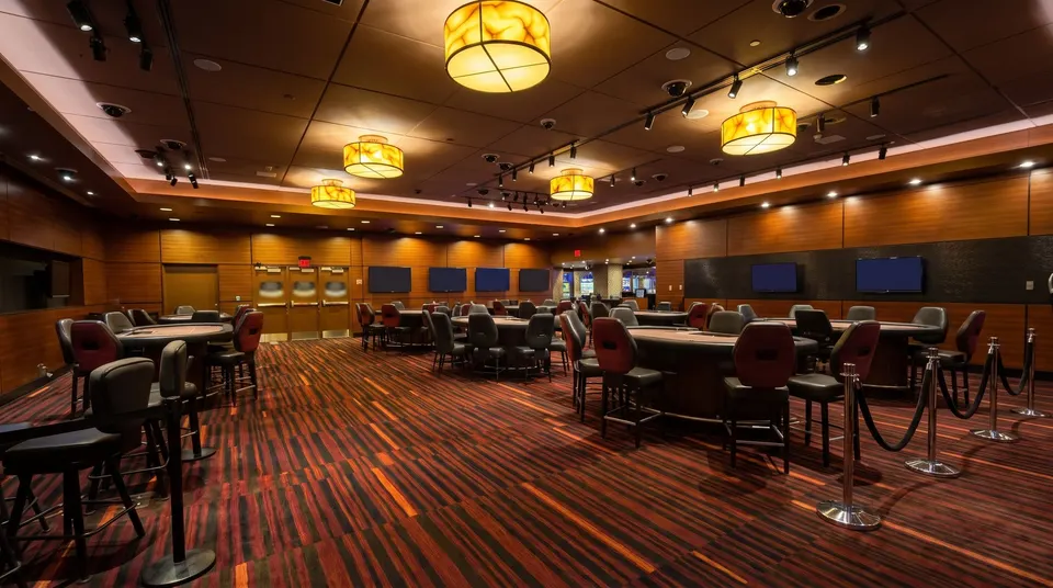 Empty poker room under amber lanterns